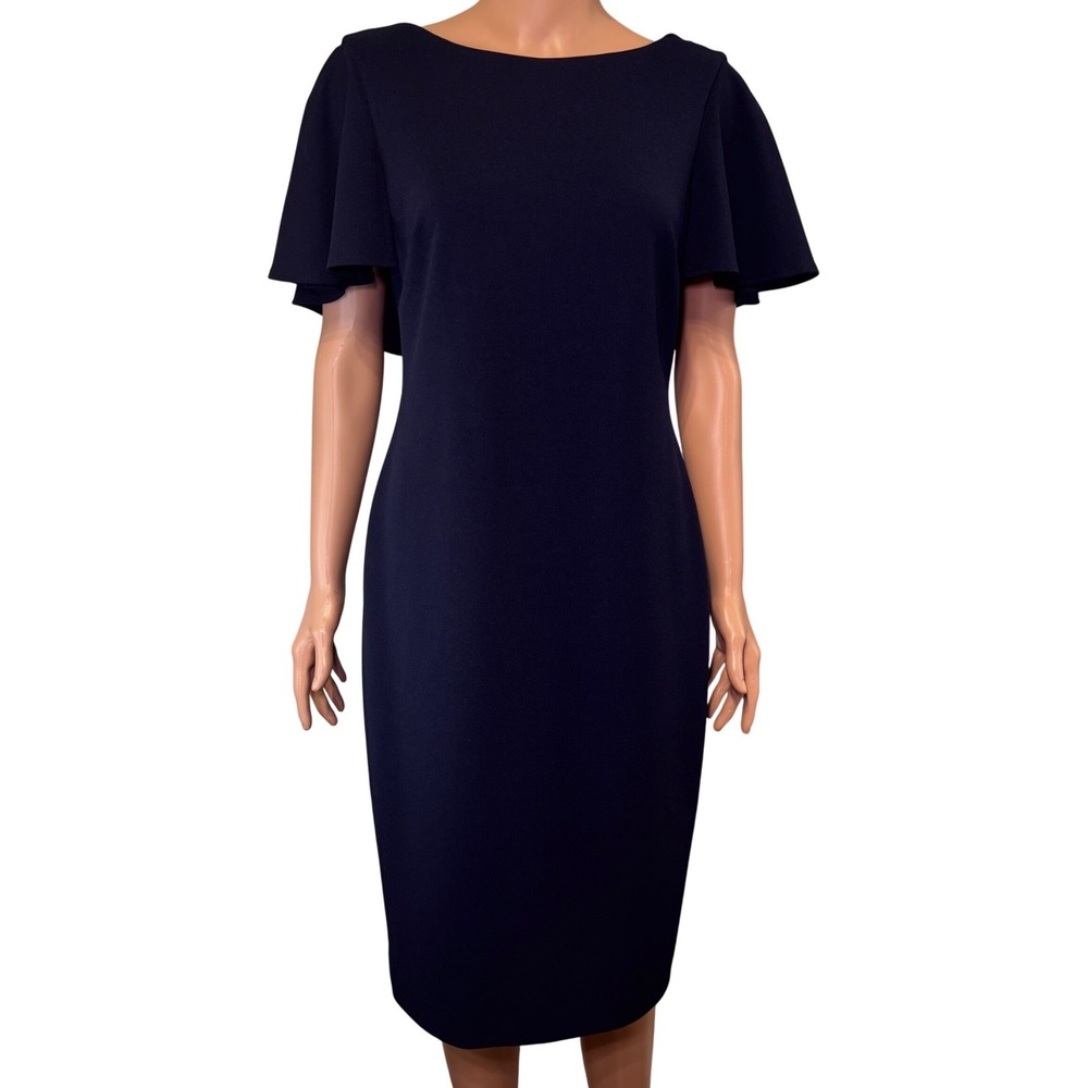 Calvin Klein Women's Navy Blue Flutter Sleeve Cape Back Sheath Dress Size 6